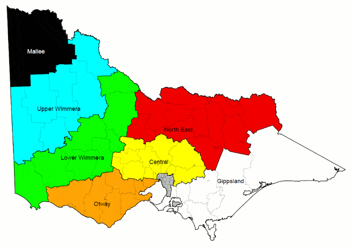 Map of Victoria showing the kangaroo harvesting zones. The zones are Mallee, Upper Wimmera, Lower Wimmera, Otway, Central, North East and Gippsland.