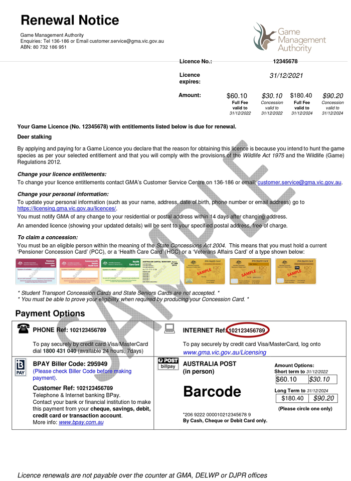 Sample renewal invoice. The reference number is circled on the right hand side under Payment Options