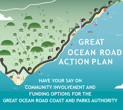 Illustration of Great Ocean Road - Text overlay: Great Ocean Road Action Plan - Have your say on community involvement and funding options for the Great Ocean Road Coast and Park Authority